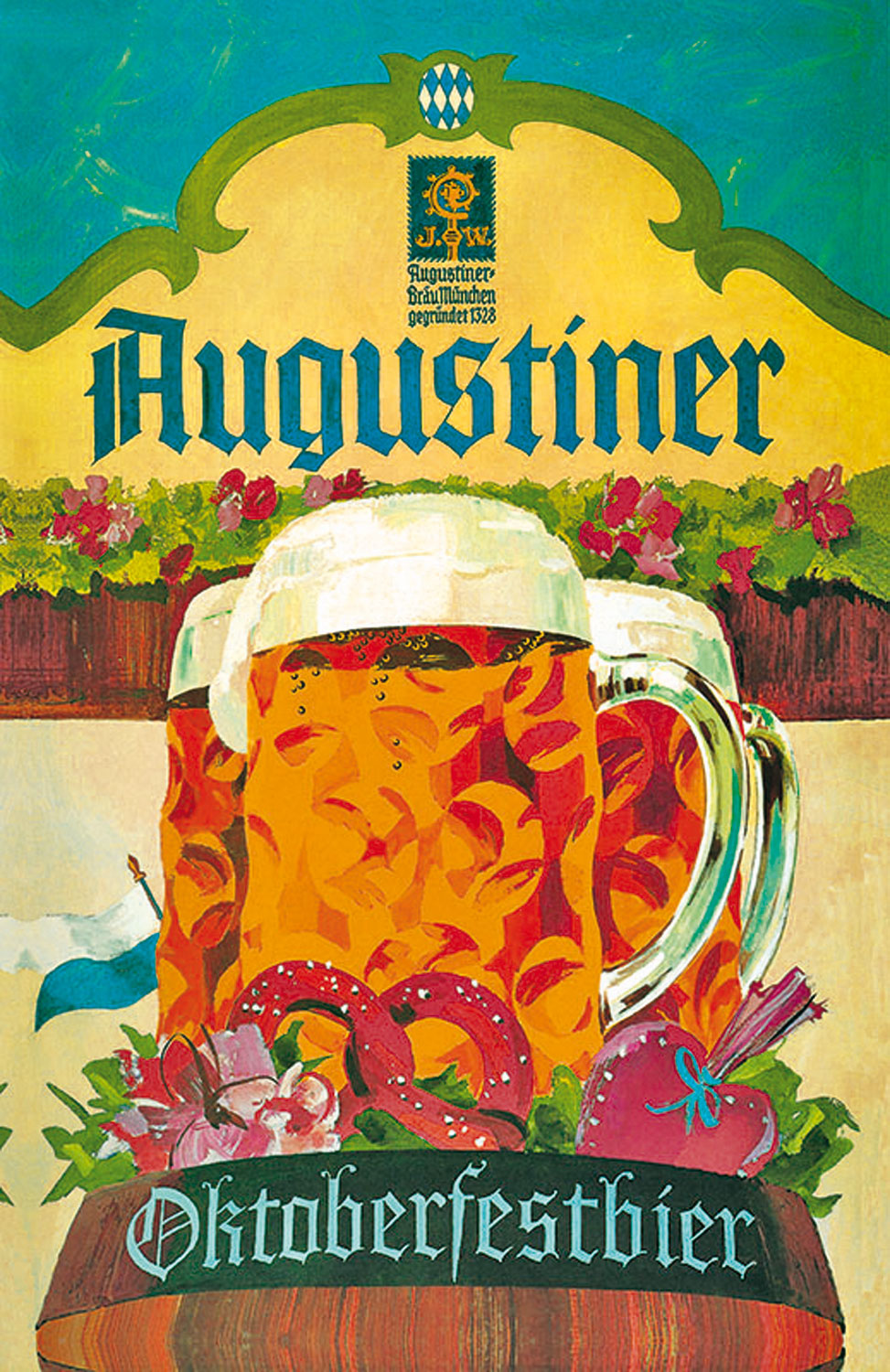 Ein farbenfrohes Motiv zeigt ein gefülltes Augustiner-Bierglas im Stil traditioneller Brauereikunst.