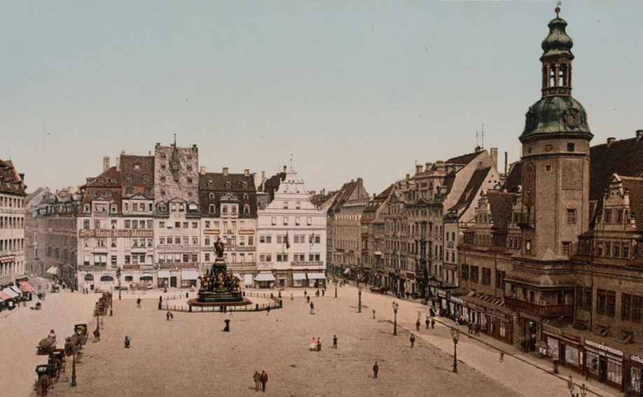 Historische Ansicht des Marktplatzes in Leipzig.